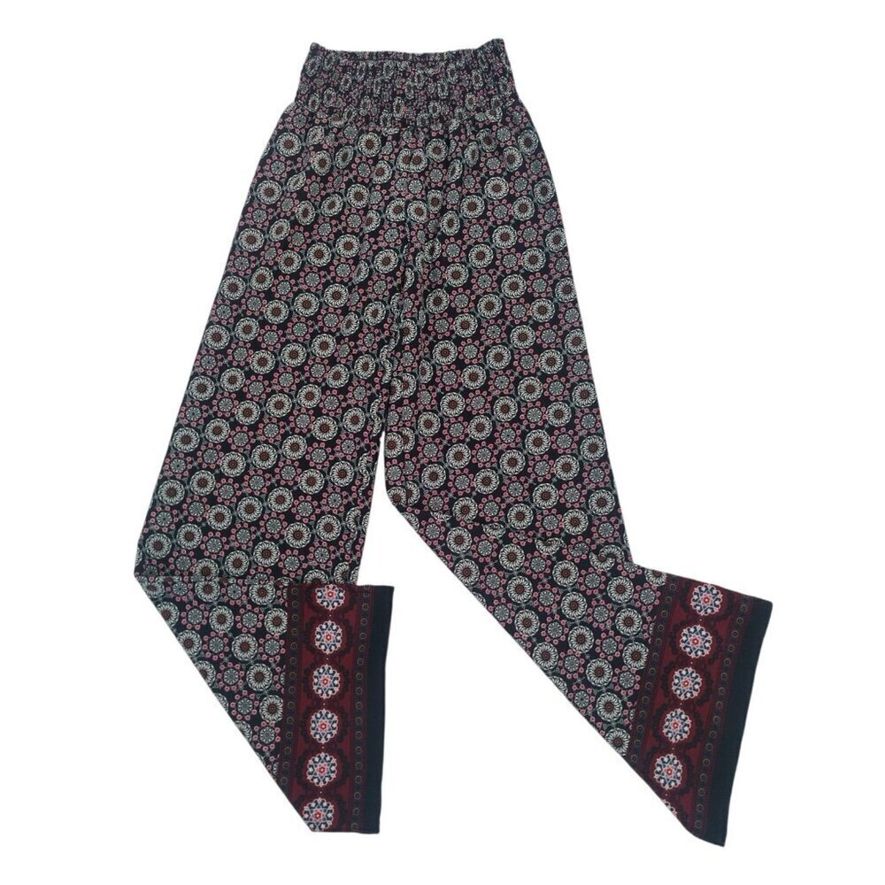 Joe B Black & Red Smocked Waist Wide Leg Floral Boho Pants Small Polyester.